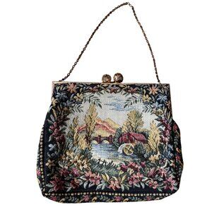 Vintage Small Tapestry Evening Bag Floral Scenic Design Victorian Romance France